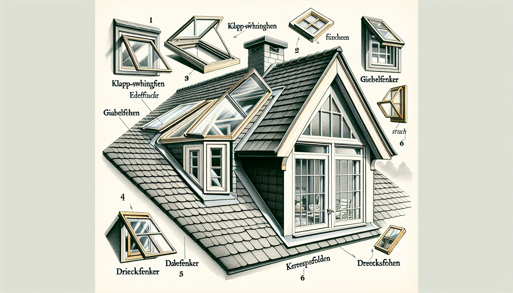Verschiedene Dachfenstertypen für den Dachspitz