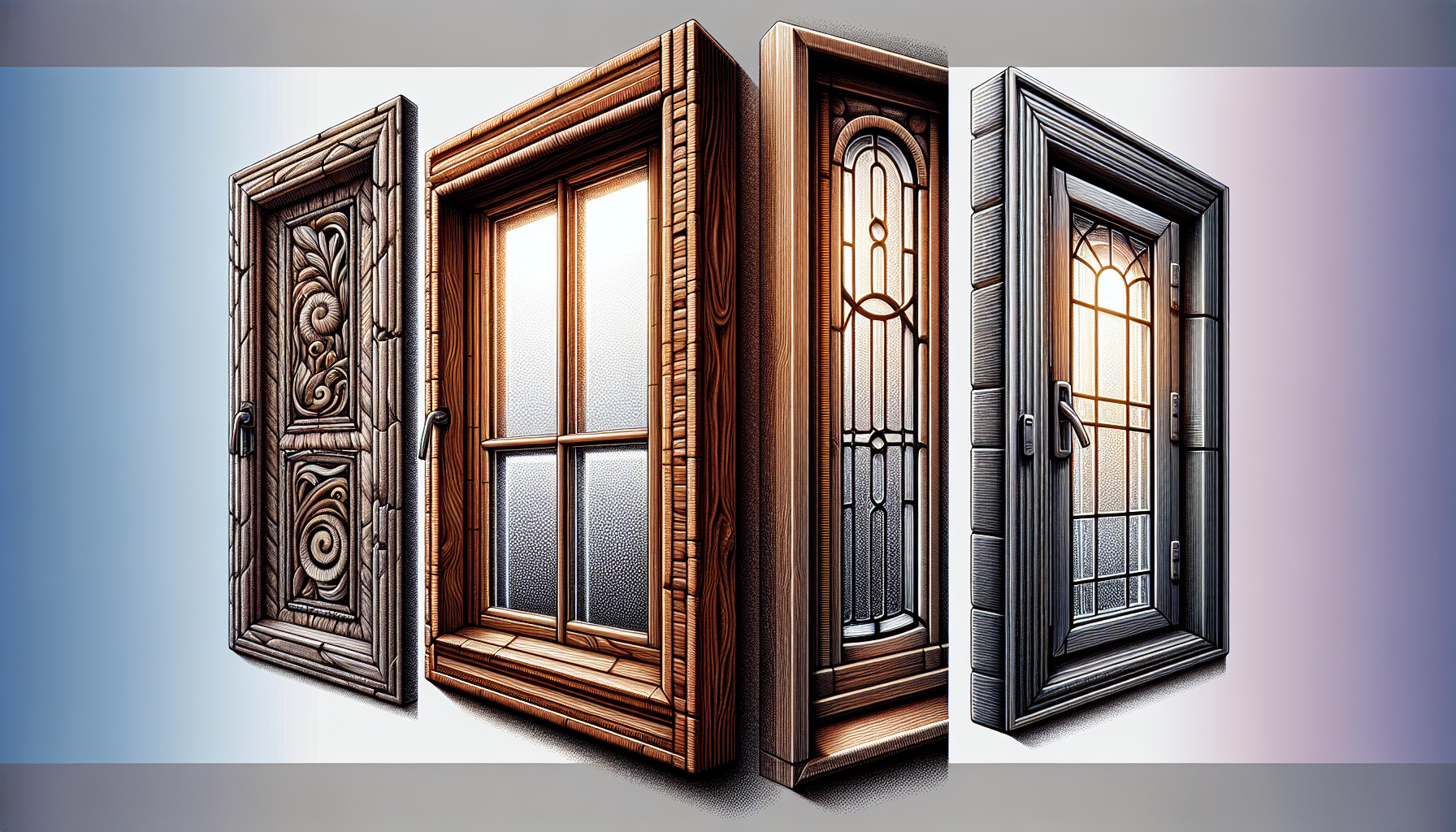 Illustration von Sprossenfenstern aus verschiedenen Materialien