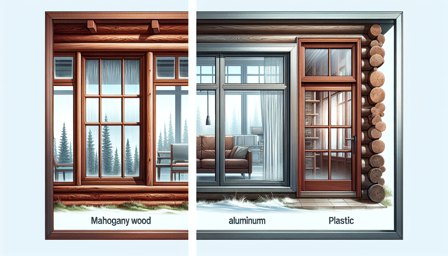 Illustration von Holz-, Aluminium- und Kunststofffenstern im Vergleich