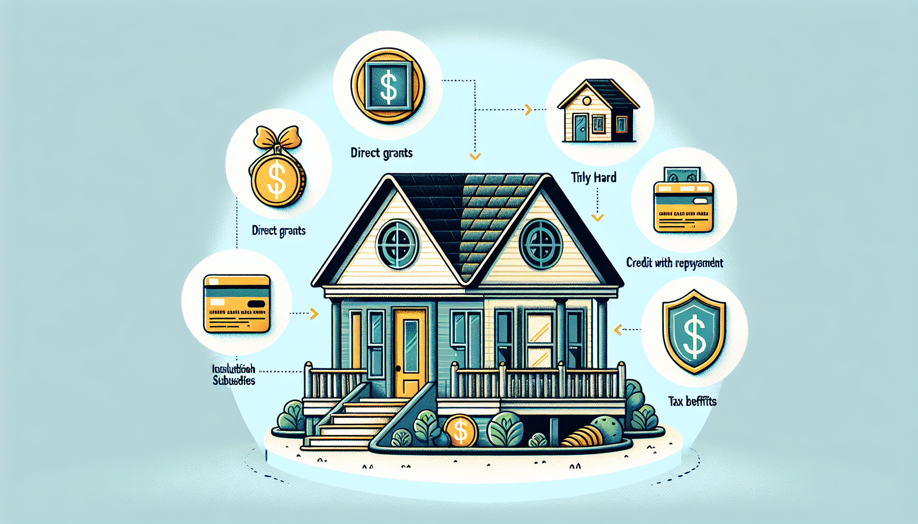 Illustration eines Hauses mit verschiedenen Fördermitteln