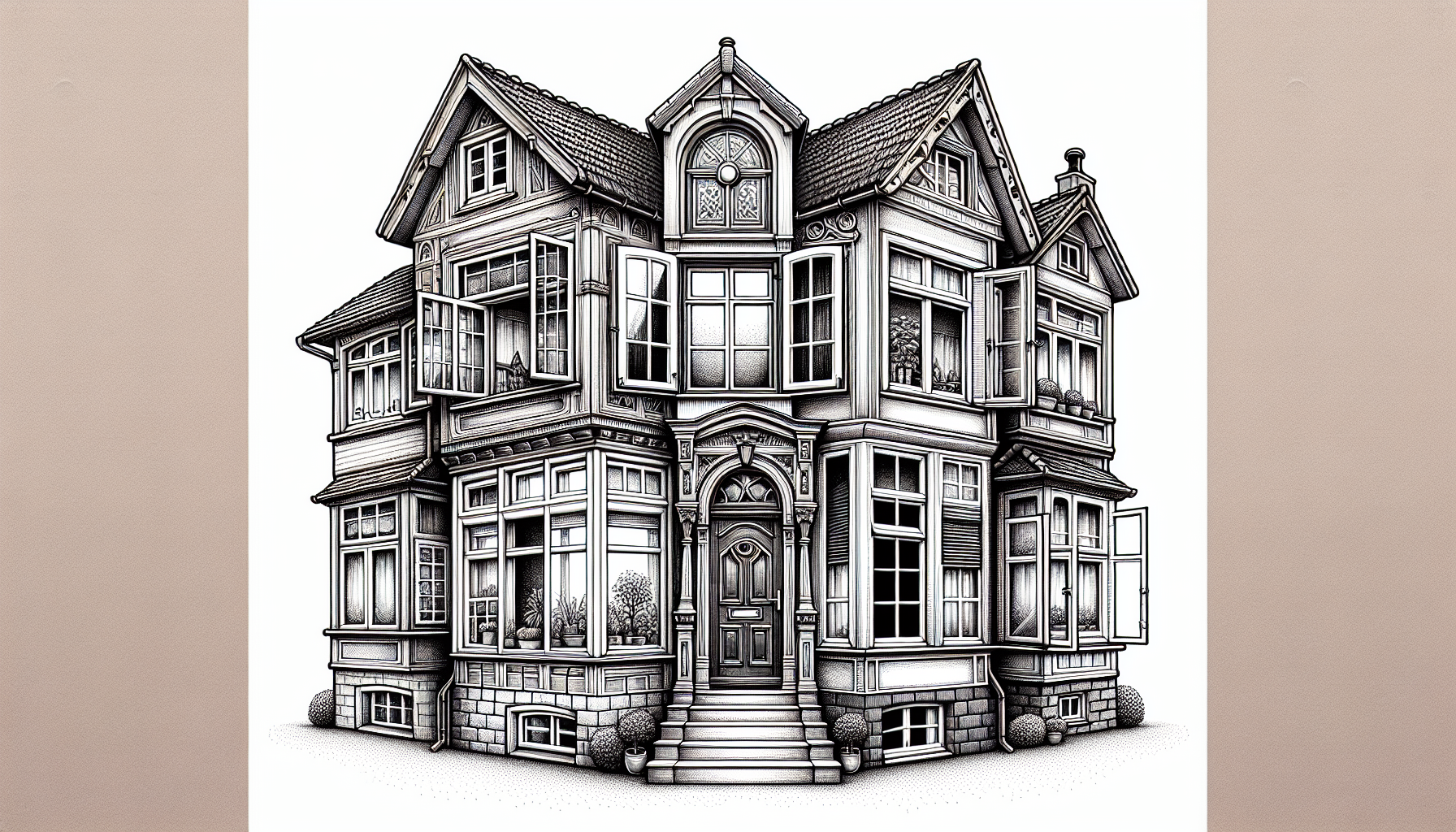 Illustration eines Hauses mit verschiedenen Fenstermodellen