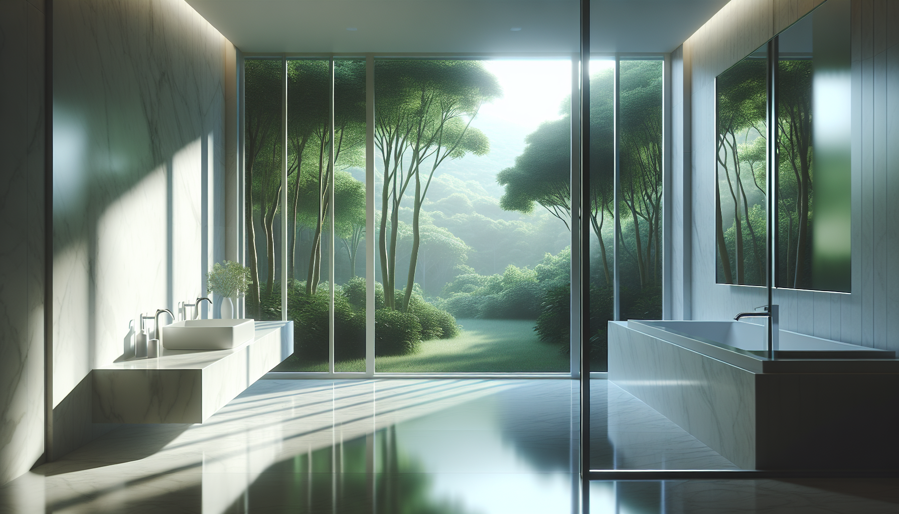 Illustration eines Badezimmers mit Fenstern mit schmalen Rahmen und Blick auf die Natur