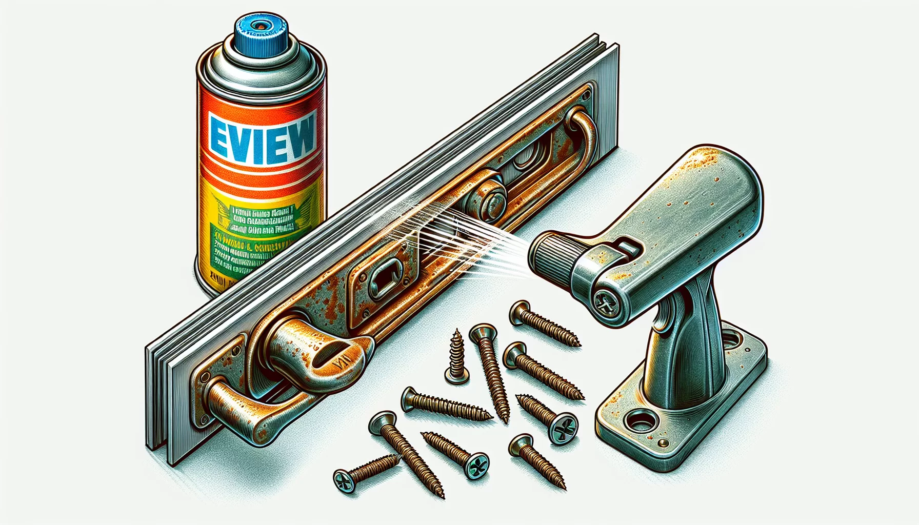 Illustration eines blockierten Fenstergriffs mit Schmiermittel und Schrauben