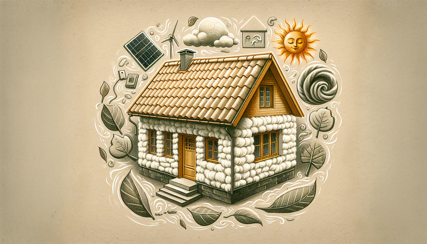 Illustration von einem Haus mit Dämmung, umgeben von Energiesymbolen