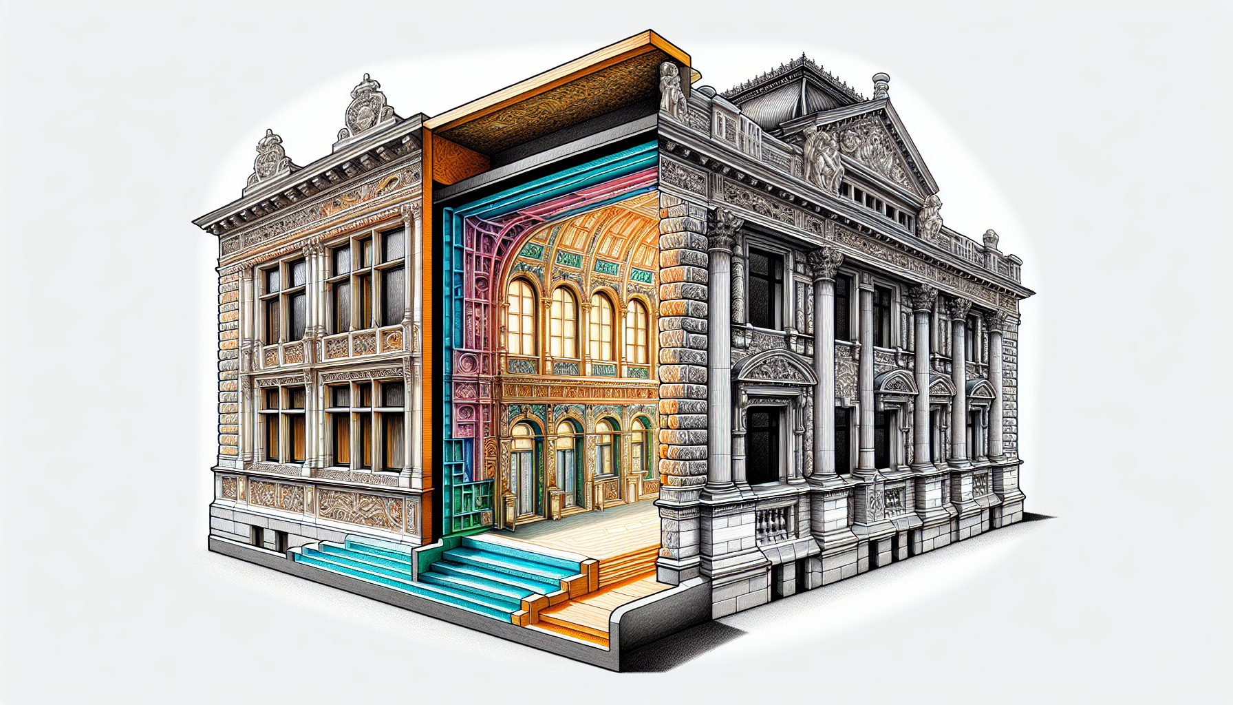 Illustration einer historischen Gebäudefassade mit Innendämmung