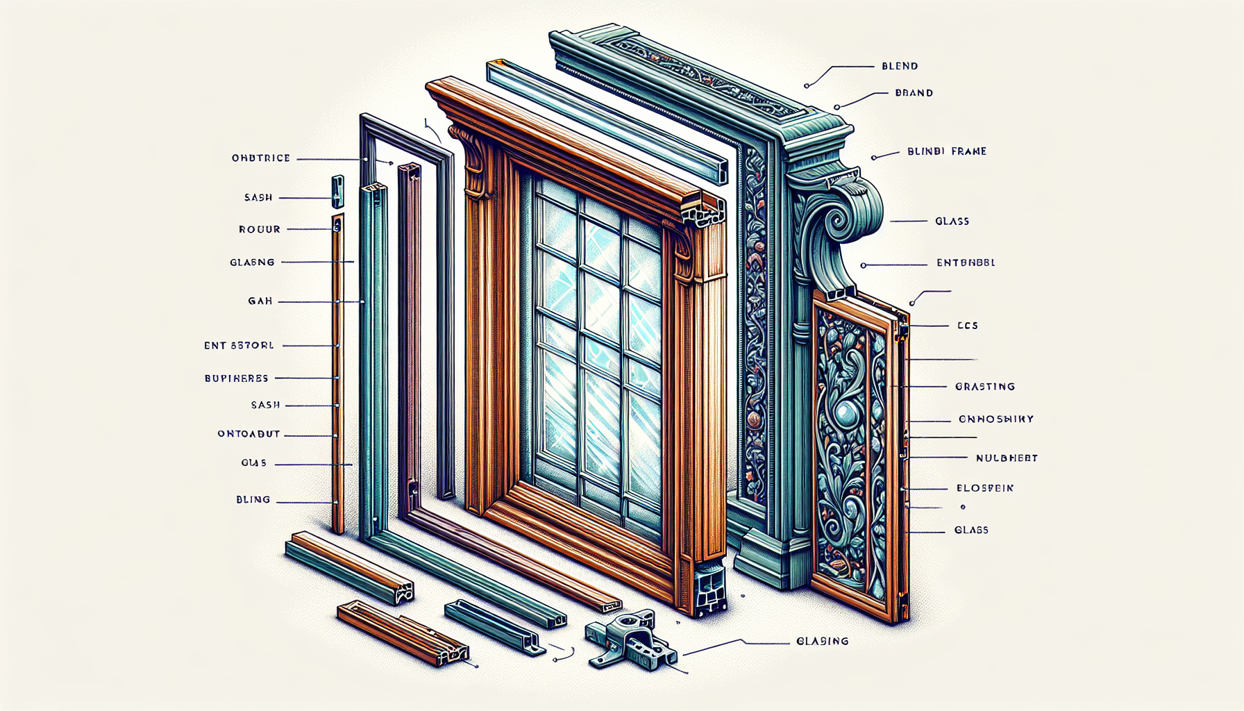 Illustration des Fensterrahmens mit verschiedenen Bauteilen wie Blendrahmen, Flügelrahmen und Verglasung