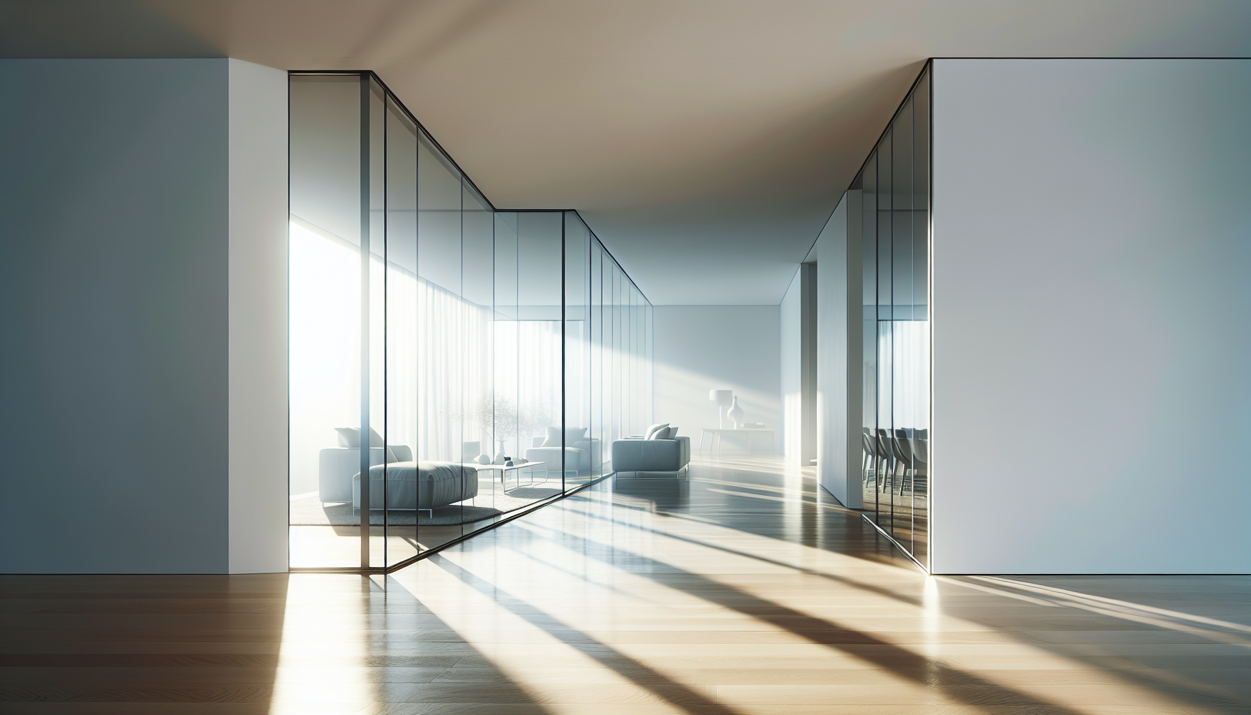 Moderne Illustration eines Wohnzimmers mit Slimline Integralfenstern und schmalen Rahmen