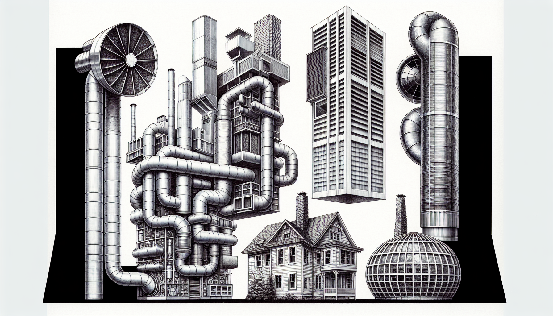 Illustration von Be- und Entlüftungssystemen für verschiedene Gebäudetypen