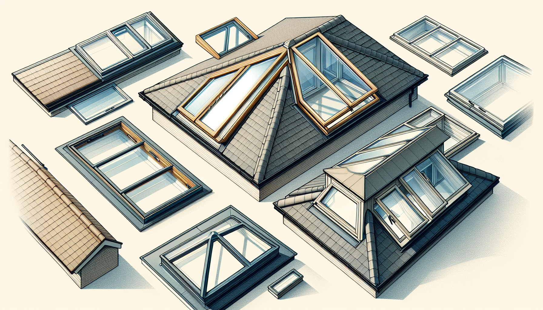 Illustration von verschiedenen Dachfenstermodellen und -typen