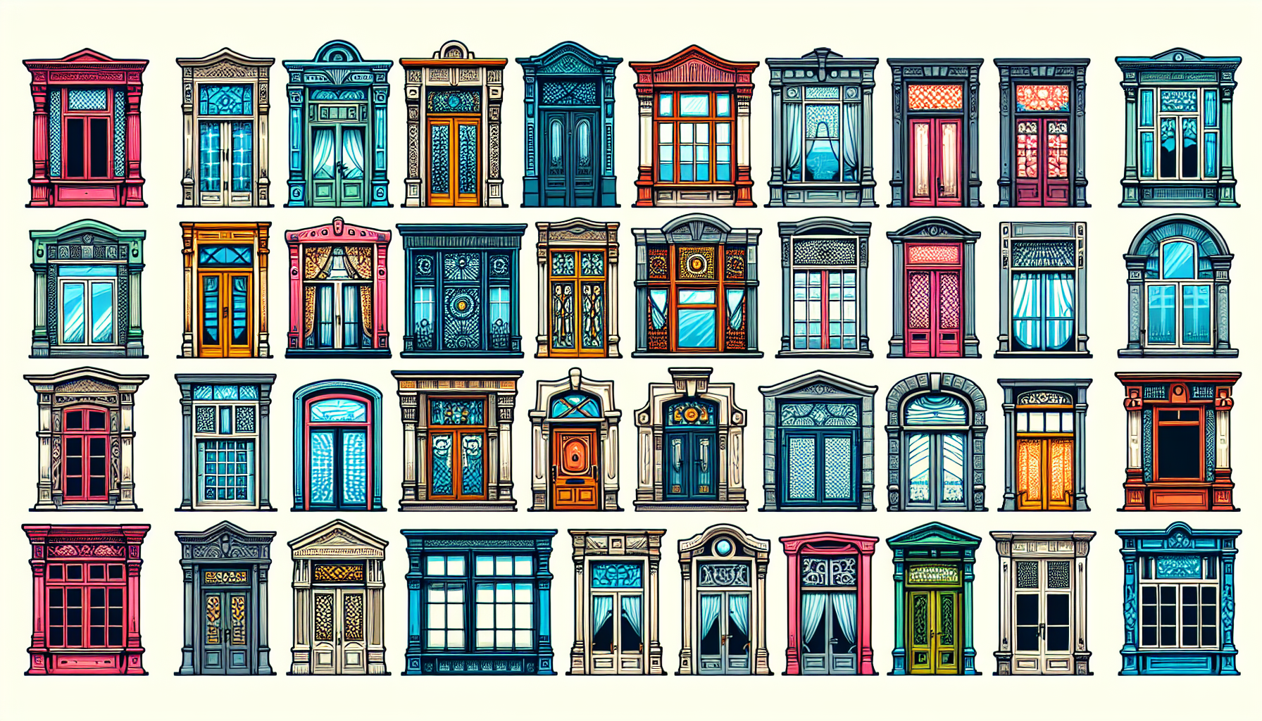 Illustration von gestalteten Sprossenfenstern in verschiedenen Farben