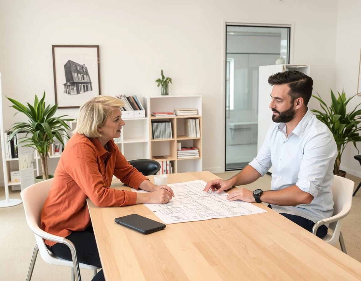 Ein Badplaner berät einen Kunden zur Badgestaltung