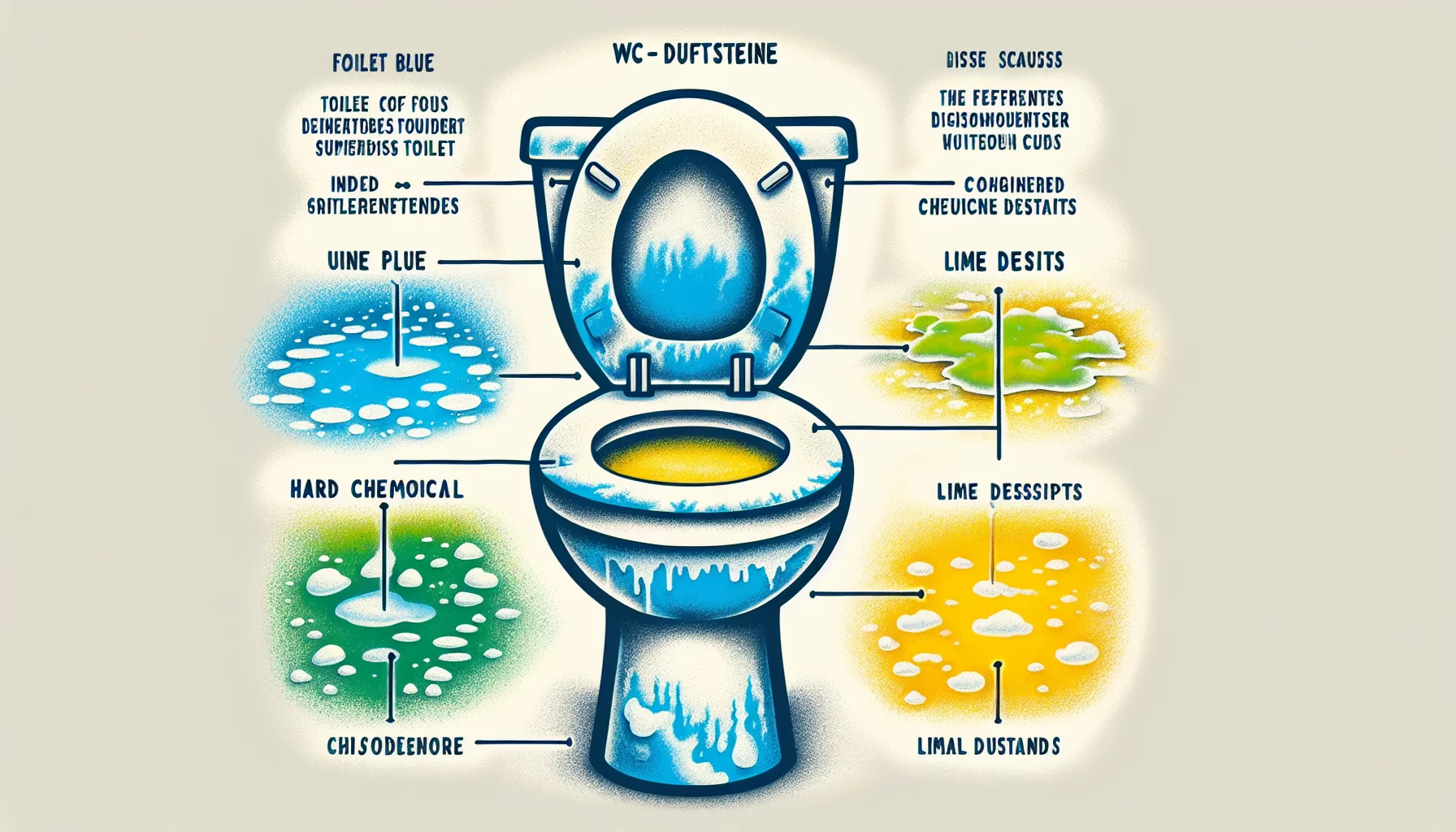 Ursachen von Verfärbungen in der Toilette, wie WC-Duftsteine, Urinablagerungen, Kalkablagerungen und Reinigungsmittel