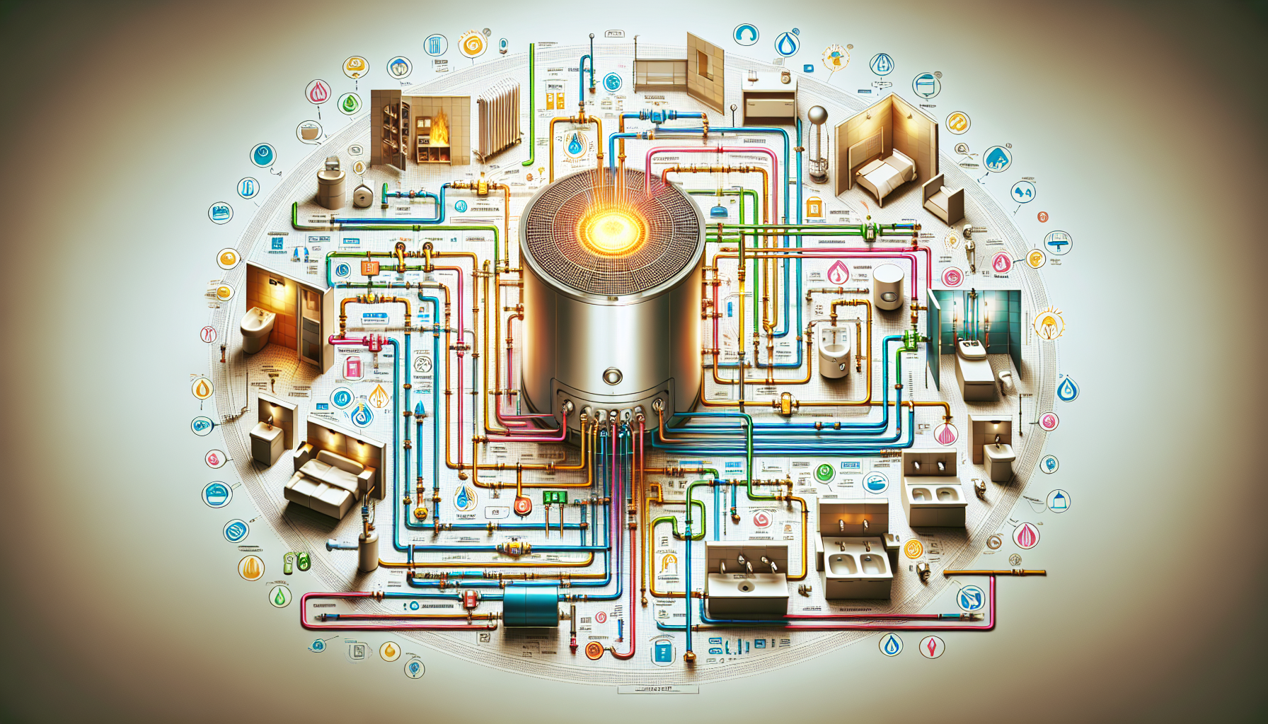 Eine schematische Darstellung einer zentralen Warmwasserversorgung in einem Neubau.