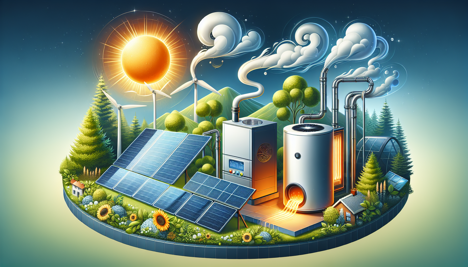 Eine Illustration alternativer Heizsysteme zur Gasheizung, einschließlich Solar, Biomasse und Wärmepumpen.