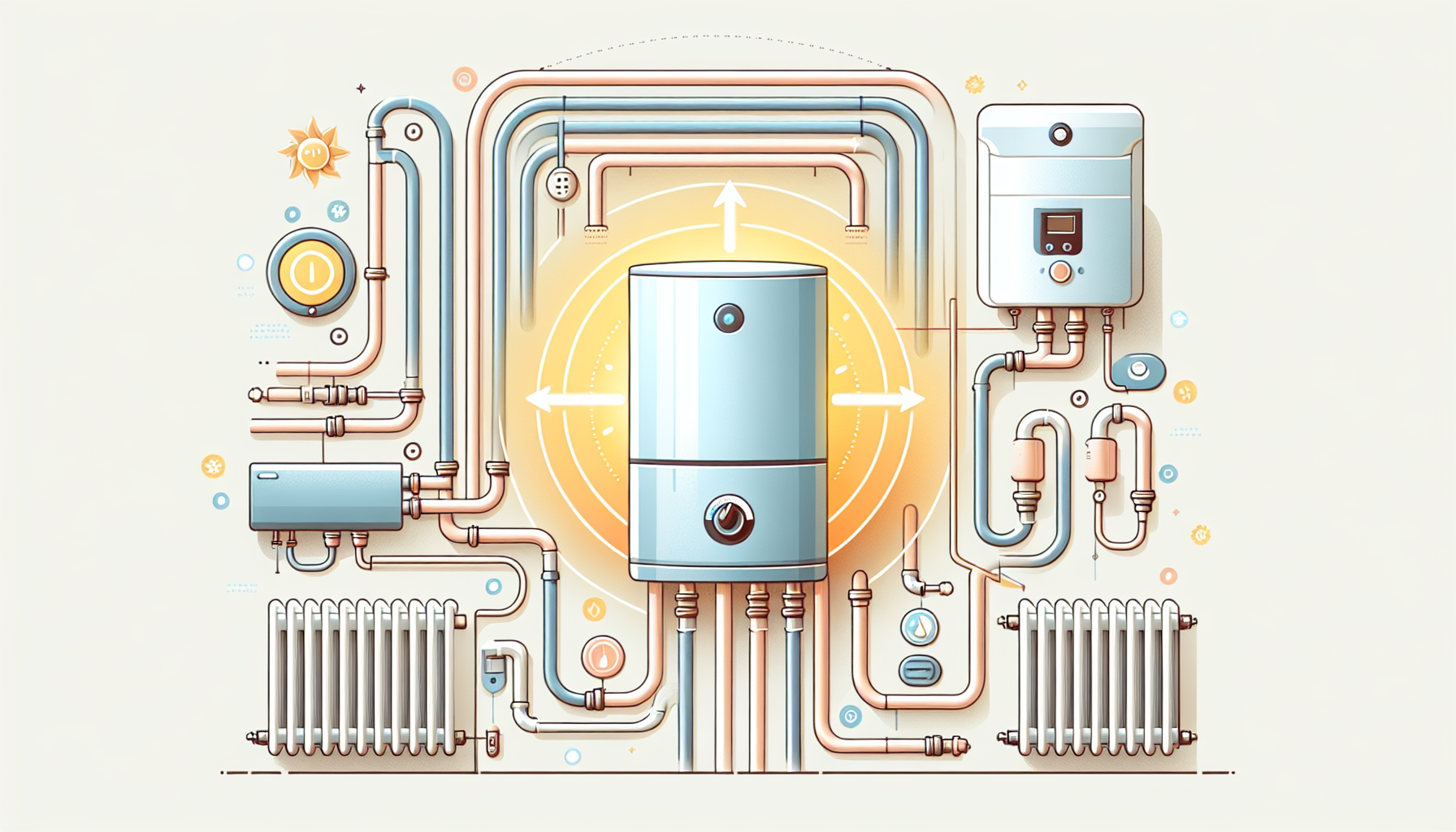 Eine schematische Darstellung einer Zentralheizung, die verschiedene Komponenten wie Heizkessel und Heizkörper zeigt.