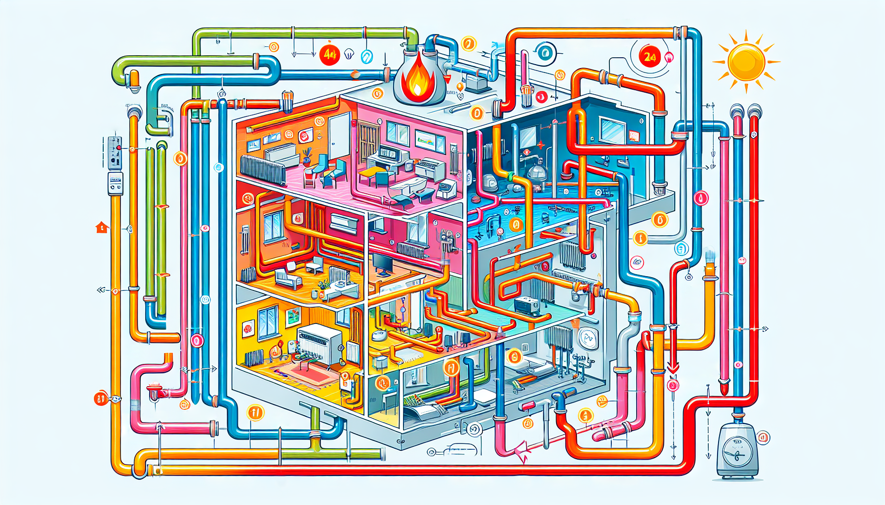 Ein Diagramm, das die Funktionsweise einer Zentralheizung erklärt, einschließlich Wärmeverteilung und Heizkreislauf.