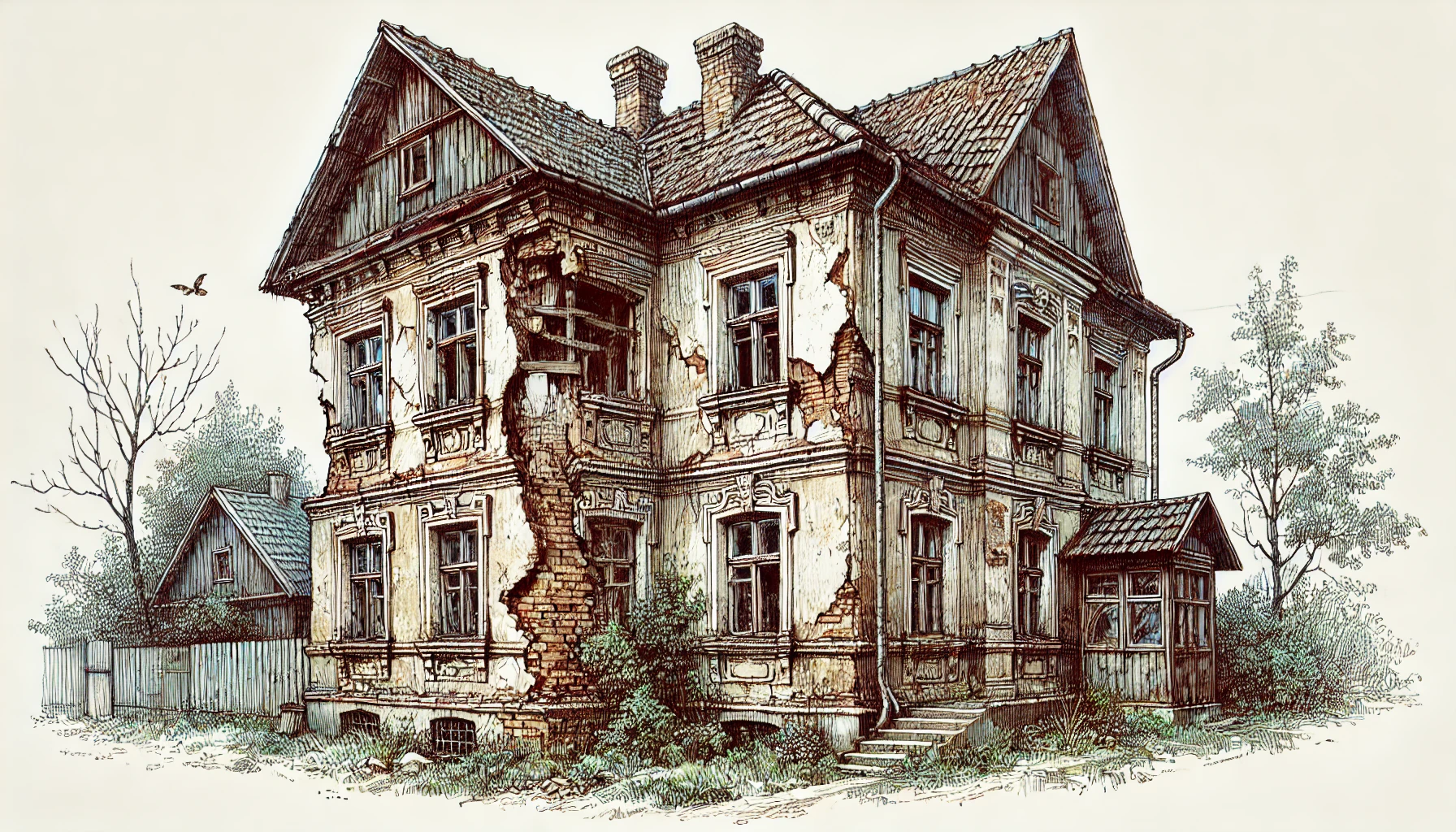 Illustration von einem alten Haus mit renovierungsbedürftiger Fassade