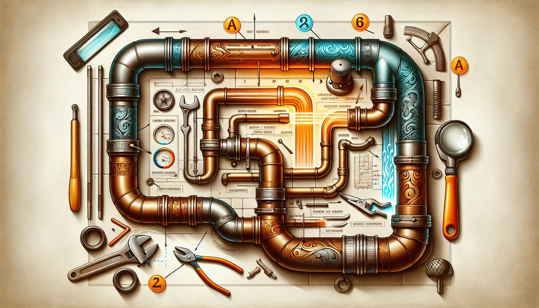 Eine schematische Darstellung einer Warmwasserleitung, die auf Verstopfungen überprüft wird.