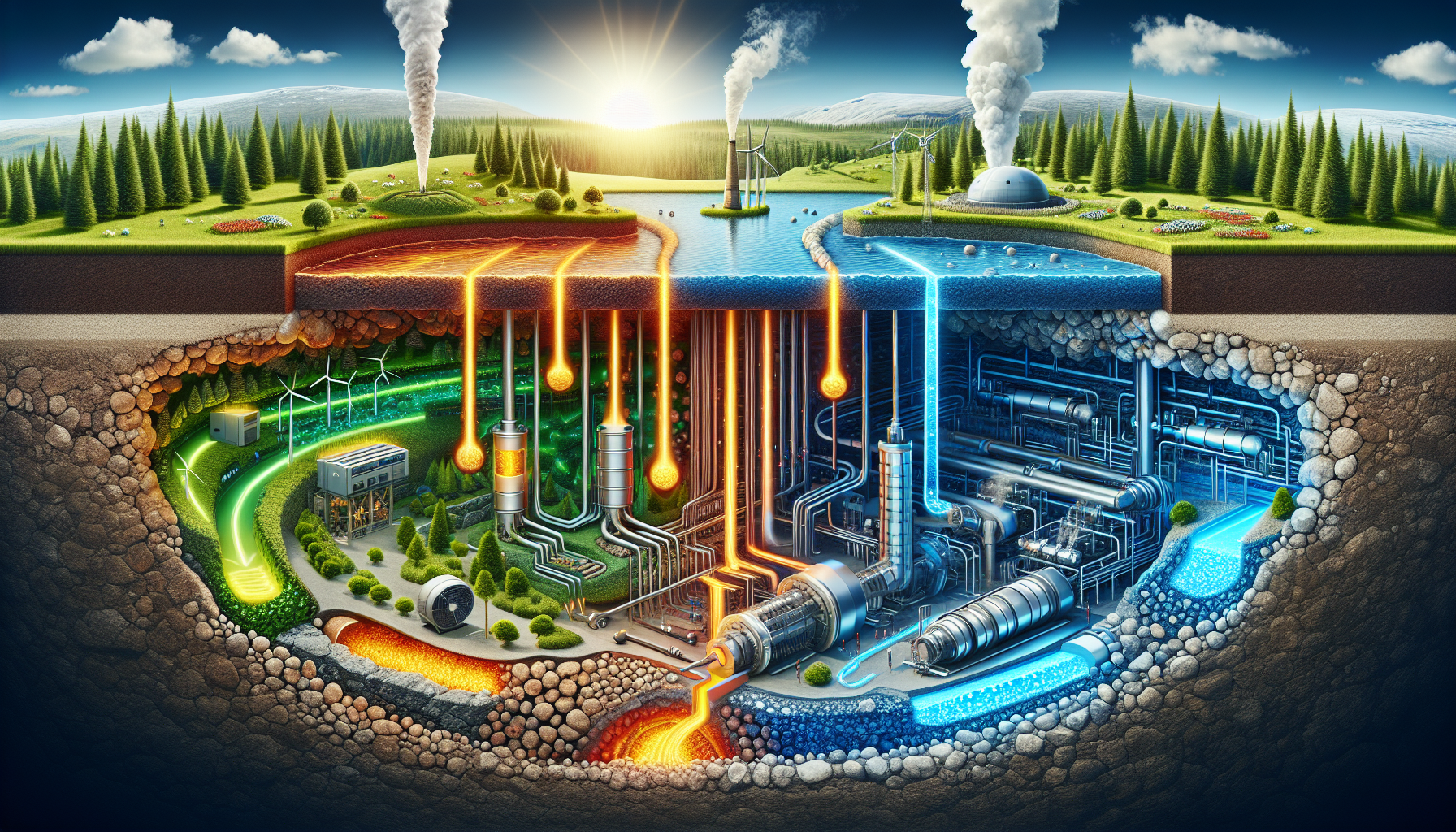 Eine Übersicht der verschiedenen Arten von Geothermie, einschließlich tiefer und oberflächennaher Geothermie.