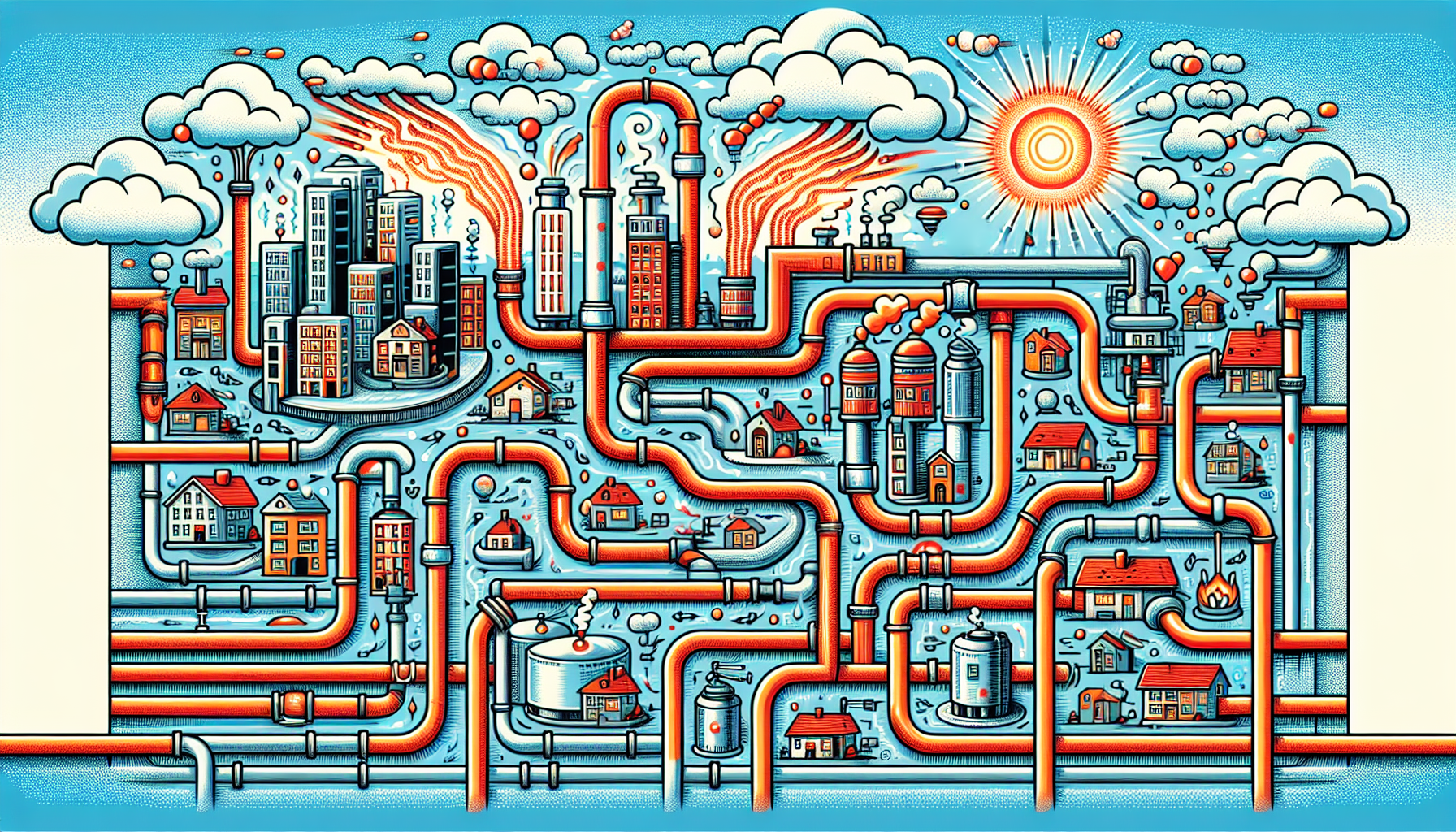 Eine schematische Darstellung eines Nahwärmenetzes, das Wärme zu verschiedenen Gebäuden transportiert.
