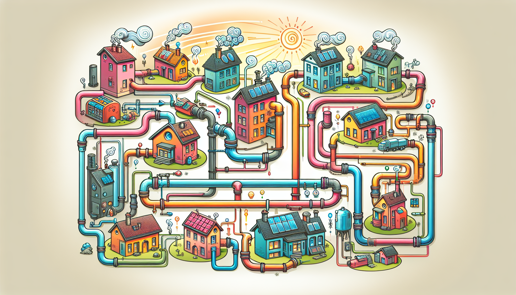 Eine schematische Darstellung eines Wärmenetzes mit verschiedenen Komponenten.
