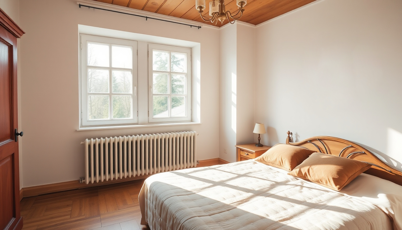 Ein Heizkörper in einem Schlafzimmer.