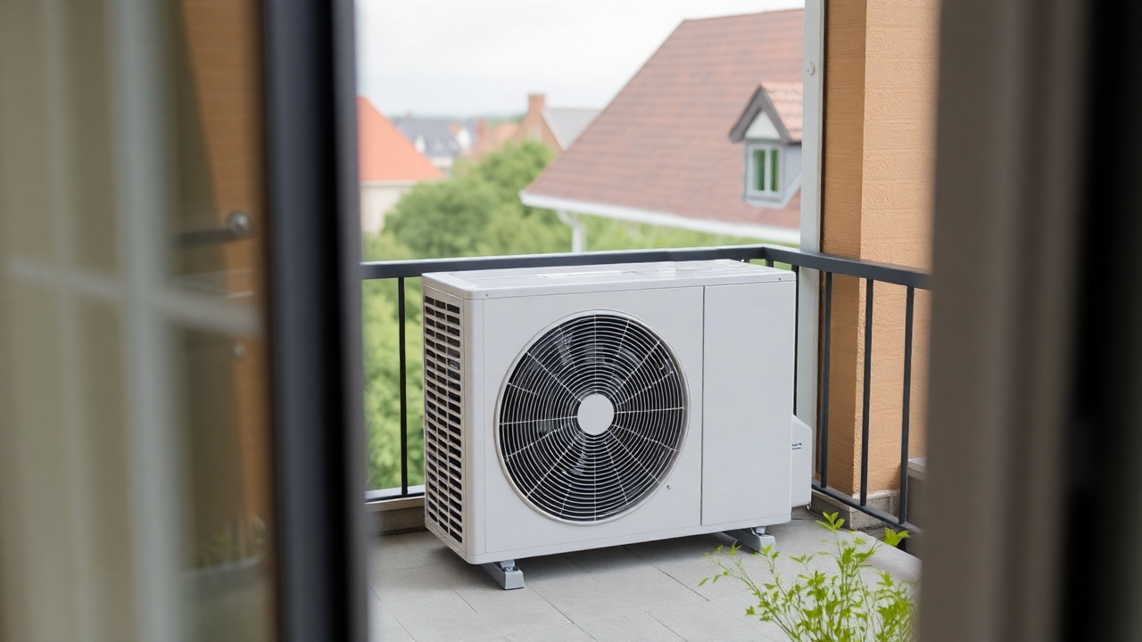 Wärmepumpe auf einem Balkon.