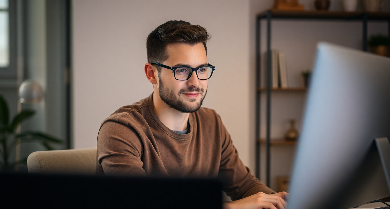 Ein Mann recherchiert Finanzierungsmöglichkeiten für ein neues Bad