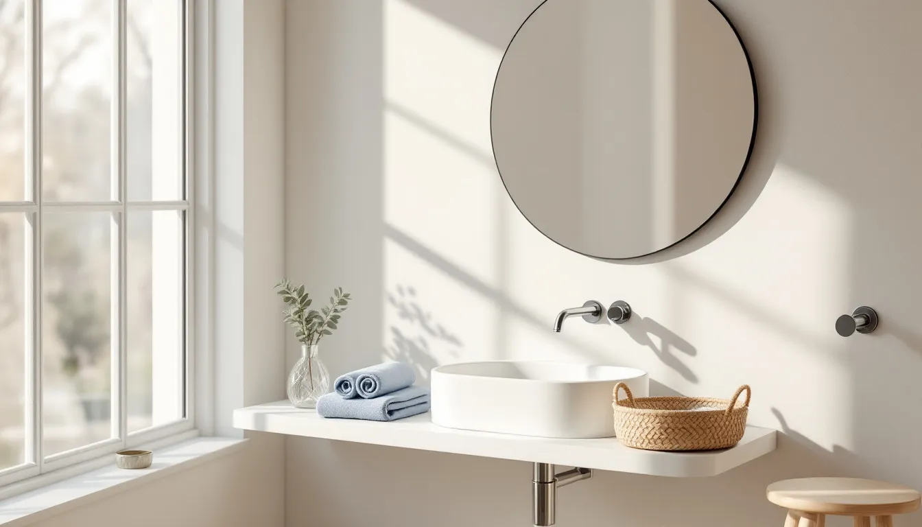 Praktische Elemente in einem Gäste-WC, inklusive Waschbecken und Handtuchhalter.