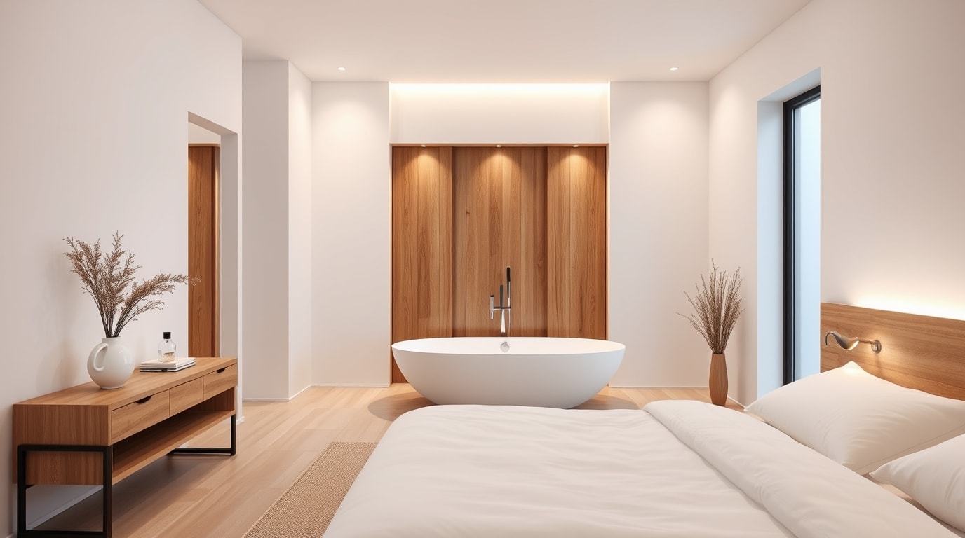Planung eines Badezimmers im Schlafzimmer, das durch Raumteiler stilvoll abgetrennt ist.