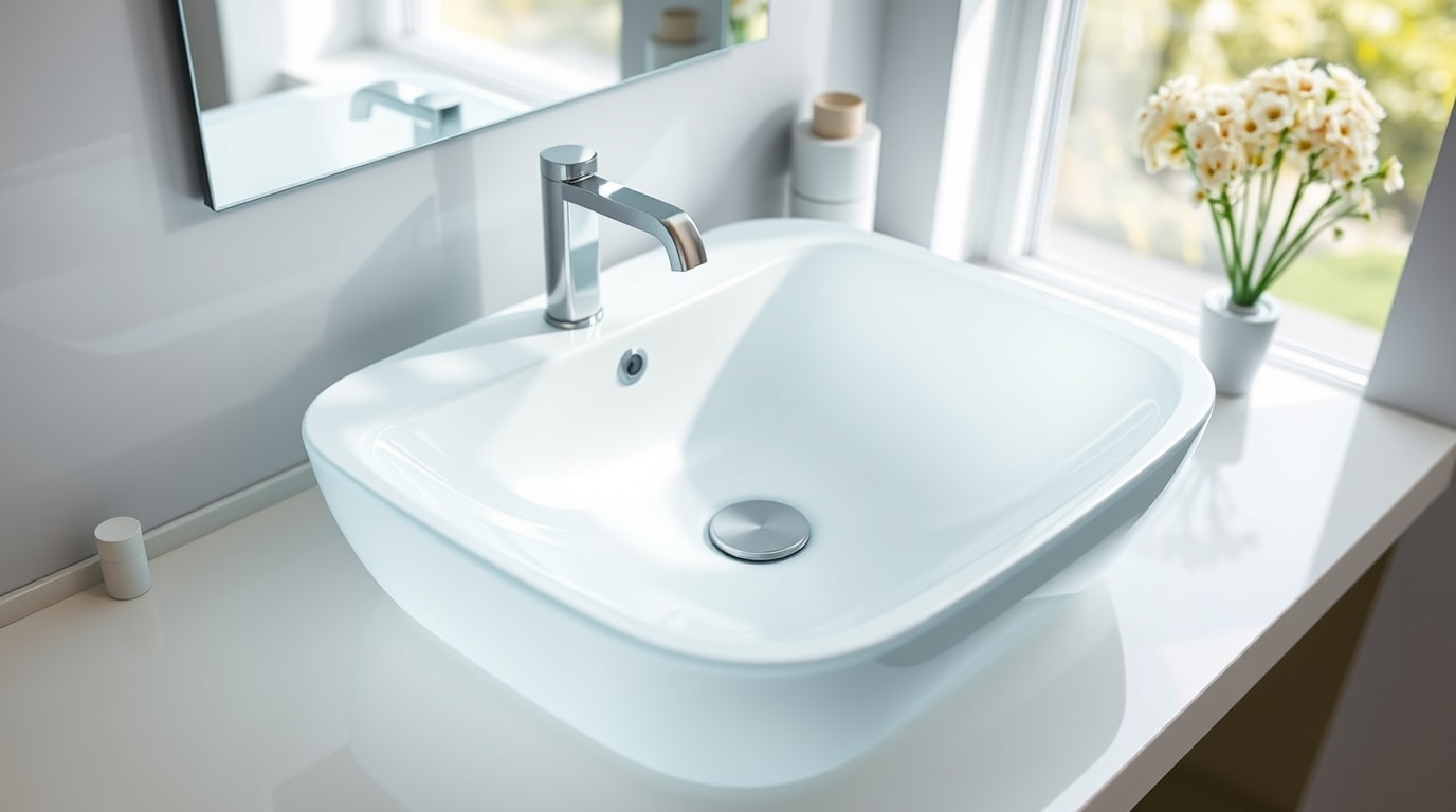 Ein modernes Badezimmer mit einem eleganten Keramik-Waschbecken.